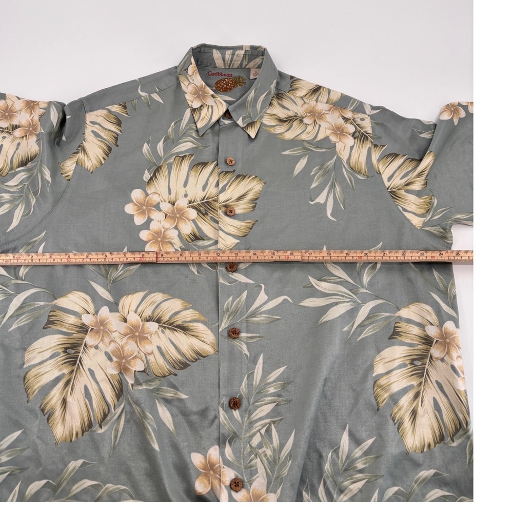 Caribbean Mens Silk Cotton Tropical Floral Print Shirt Sage Green L - Picture 6 of 9